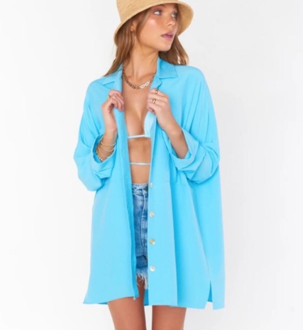 Never worn! Show Me Your MuMu Blue Button Down Shirt | Size L | Cover Up